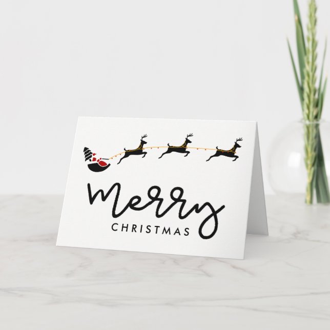 Merry Christmas Santa with Reindeer and Sleigh Holiday Card (Front)