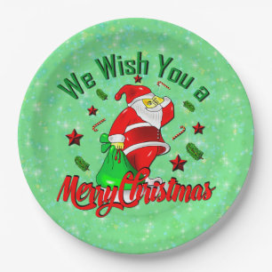Merry Christmas Santa with Sack Stars Cane 9"  Paper Plate