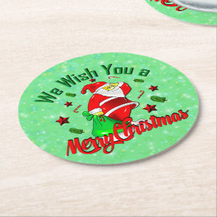 Merry Christmas Santa with Sack Stars Cane  Round Paper Coaster