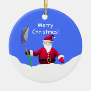 Merry Christmas Santa with Shovel Ceramic Ornament