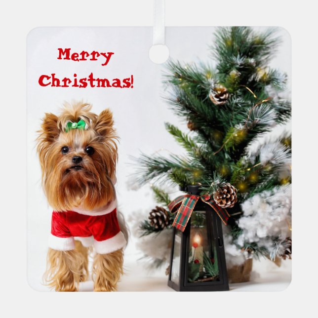 Merry Christmas Santa Yorkie with Christmas Tree Metal Tree Decoration (Front)