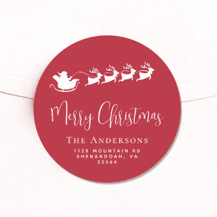 Merry Christmas Santas Sleigh Red Return Address Classic Round Sticker