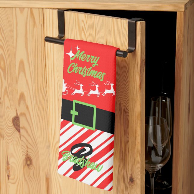 Merry Christmas Santa's Sleigh Red Tea Towel (Thirds Fold)