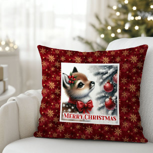 Merry Christmas scene baby fawn Christmas pillow 