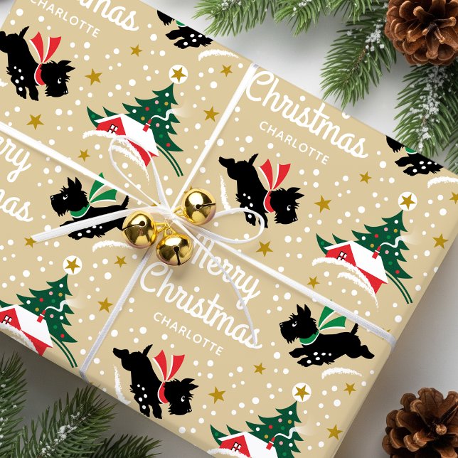 Merry Christmas Scottie Dog Snow Fun Name Gold Wrapping Paper (Creator Uploaded)