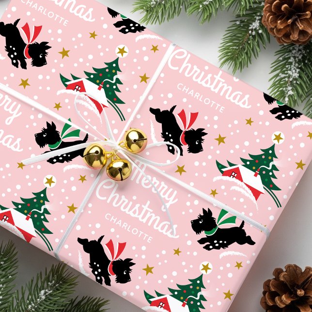 Merry Christmas Scottie Dog Snow Fun Name Pink Wrapping Paper (Creator Uploaded)