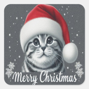 Merry Christmas Scottish Fold Cat, Xmas Santa Cat Square Sticker
