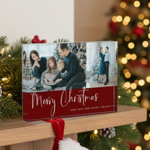 Merry Christmas Script 2 Photo Collage Holiday Red Block
