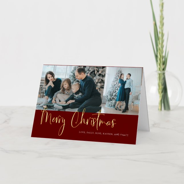 Merry Christmas Script 2 Photo Collage Holiday Red Foil Greeting Card (Front)