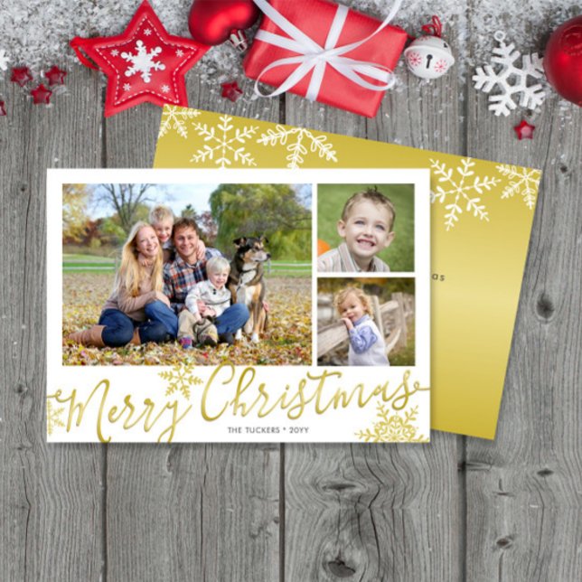 Merry Christmas Script 3-photo Snowflakes on Gold Holiday Card (Creator Uploaded)