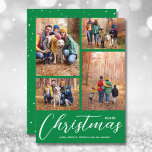 Merry Christmas Script 4 Collage Multi-Photo Green Holiday Card<br><div class="desc">Upload your favourite 4 photos to this Christmas photo card that features Merry Christmas and your names in chic white lettering on a green   background. Select Matte for heaviest paper and High Definition for best photo quality. MORE COLORS done for you in our store.</div>