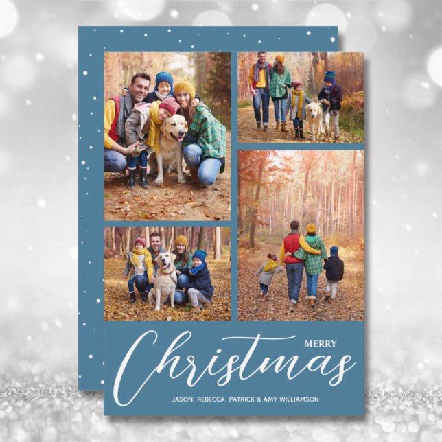 Merry Christmas Script 4 Photo Blue Holiday Card (Creator Uploaded)
