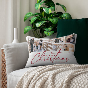 Merry Christmas Script 4 Photo Collage Custom  Decorative Cushion