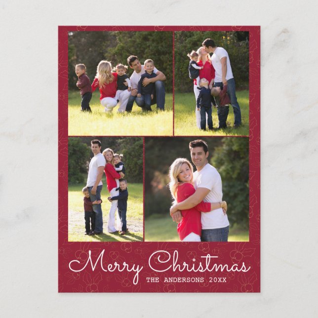 Merry Christmas Script 4 Photo Red Holly Postcard (Front)