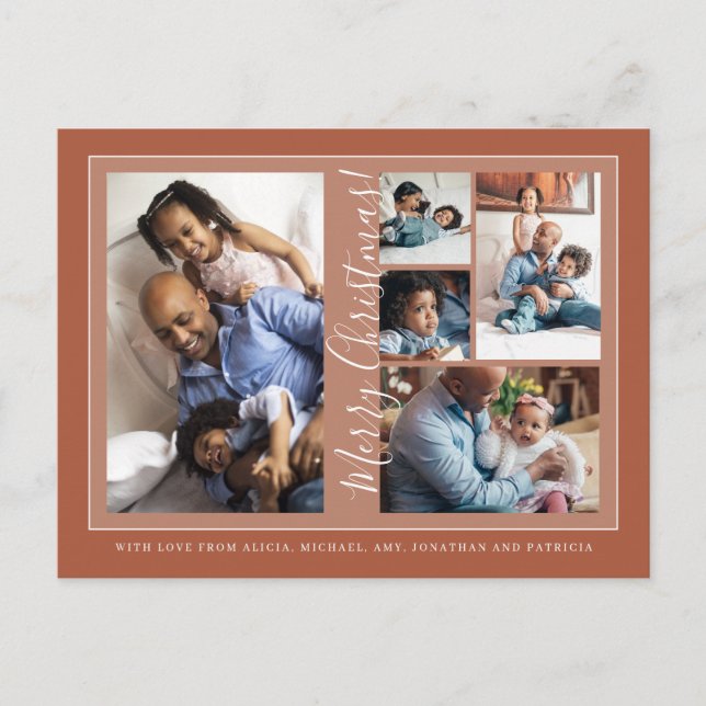 Merry Christmas script 5 photo collage terracotta Holiday Postcard (Front)