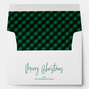 Merry Christmas Script 5x7 Green Buffalo Plaid Envelope