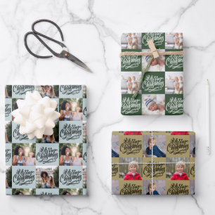 Merry Christmas Script 6 Photo Chequerboard Wrapping Paper Sheet