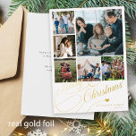 Merry Christmas script 6 photo collage family<br><div class="desc">Elegant luxury Merry Christmas real gold foil classic calligraphy script six family photos simple white holiday card with your custom personalised text on both sides. PLEASE NOTE that the background colour is editable. You can change it after selecting CUSTOMIZE option down below the PERSONALIZE IT menu. If you don't feel...</div>