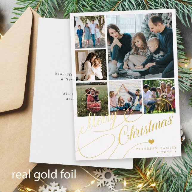 Merry Christmas script 6 photo collage family (You can choose the foil color: GOLD, ROSE GOLD or SILVER)