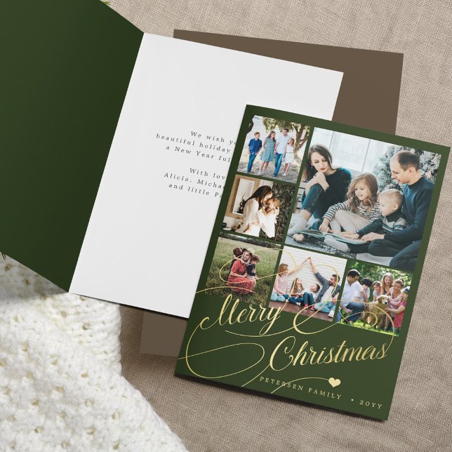 Merry Christmas script 6 photo collage green Holiday Card (Creator Uploaded)