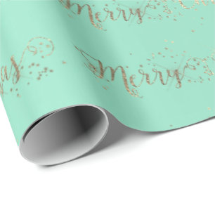 Merry Christmas Script Aqua Tiffany Mint Faux Gold Wrapping Paper