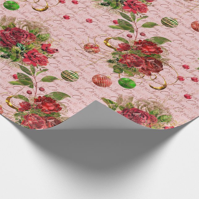 Merry Christmas Script Bauble Gold Pink Rose Red Wrapping Paper (Corner)