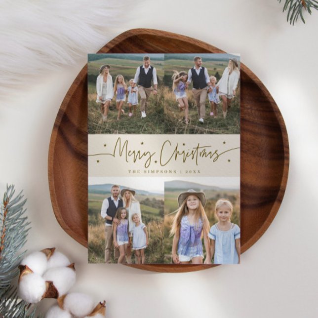 Merry Christmas Script Beige Multi Photo Holiday Card (Creator Uploaded)