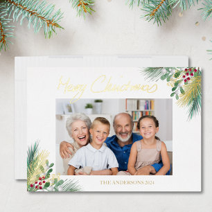 Merry Christmas Script Berry Leaves Photo