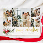 Merry Christmas Script Berry Leaves Photo Collage<br><div class="desc">Embrace the festive spirit with our luxurious personalised Christmas card, designed to capture the warmth and joy of the season. The card takes centre stage with a delightful arrangement of five square-sized photos, each telling a unique story of your family's cherished moments. As your eyes drift below, a delicate watercolor...</div>