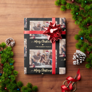 Merry Christmas Script Black Gold Photo Collage  Wrapping Paper