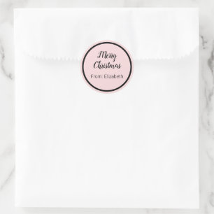 Merry Christmas Script Black & Pale Pink Name Classic Round Sticker