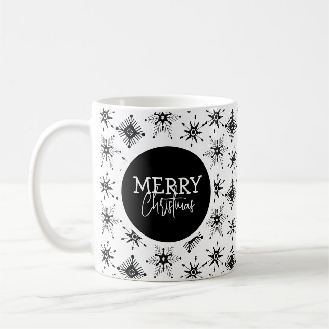 Merry Christmas Script Black Snowflakes     Coffee Mug (Left)