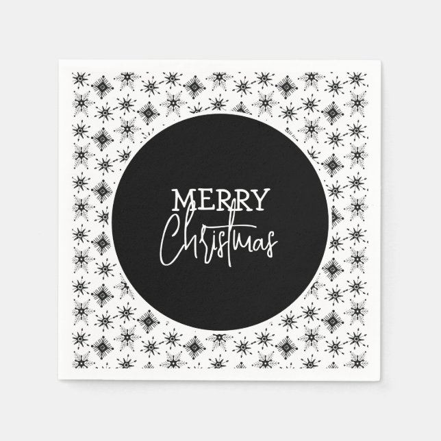 Merry Christmas Script Black Snowflakes    Napkin (Front)