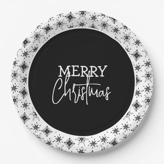 Merry Christmas Script Black Snowflakes    Paper Plate (Front)