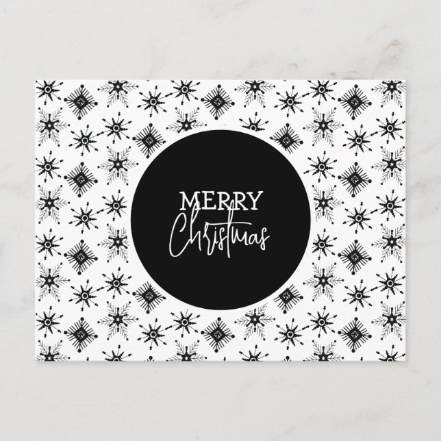 Merry Christmas Script Black Snowflakes Pattern Postcard (Front)