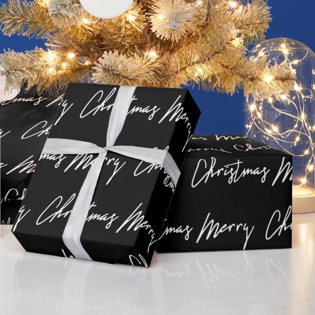 Merry Christmas Script Black White Seasonal Winter Wrapping Paper (Holidays)