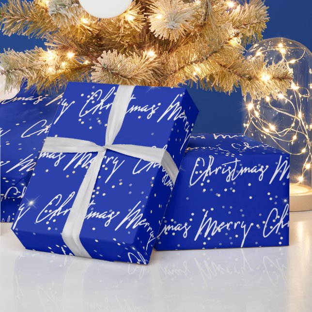 Merry Christmas Script Blue Navy Gold Confetti  Wrapping Paper (Holidays)