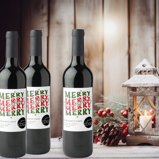 Merry Christmas Script Business Logo Gift Wine Label (Logo branded christmas wine bottle labels by Busy Business Bee)