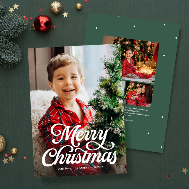 Merry Christmas script classic green photo Holiday Card (Creator Uploaded)
