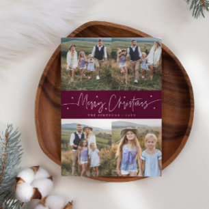 Merry Christmas Script Cranberry Multi Photo Holiday Card