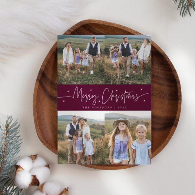 Merry Christmas Script Cranberry Multi Photo Holiday Card (Creator Uploaded)