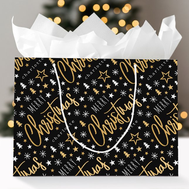 Merry Christmas Script Custom Name Black Faux Gold Large Gift Bag (Creator Uploaded)