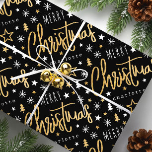 Merry Christmas Script Custom Name Black Faux Gold Wrapping Paper