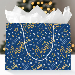 Merry Christmas Script Custom Name Blue Faux Gold Large Gift Bag