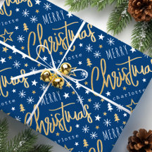 Merry Christmas Script Custom Name Blue Faux Gold
