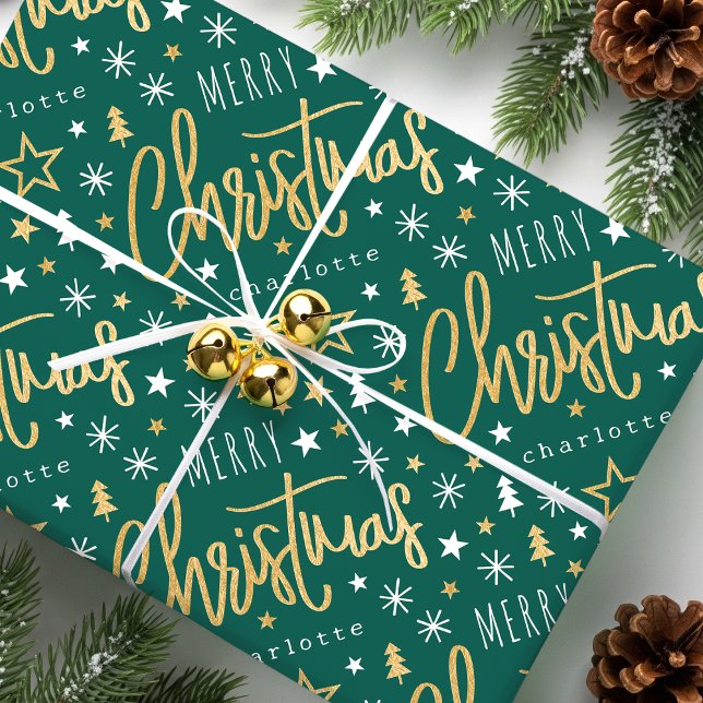 Merry Christmas Script Custom Name Green Faux Gold Wrapping Paper (Creator Uploaded)