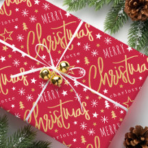 Merry Christmas Script Custom Name Red Faux Gold
