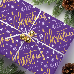 Merry Christmas Script Custom Purple Faux Gold Wrapping Paper