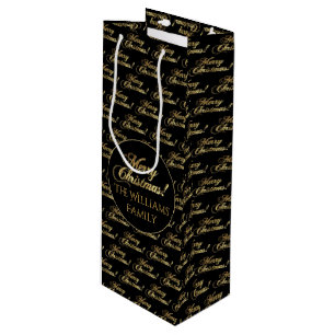 Merry Christmas Script Elegant Black and Gold Wine Gift Bag