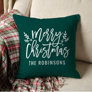 Merry Christmas Script Family Name Emerald Cushion